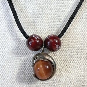 Tigers Eye Stone Pendant Necklace Silver Tone‎ Dolphin Charm Wood Beads